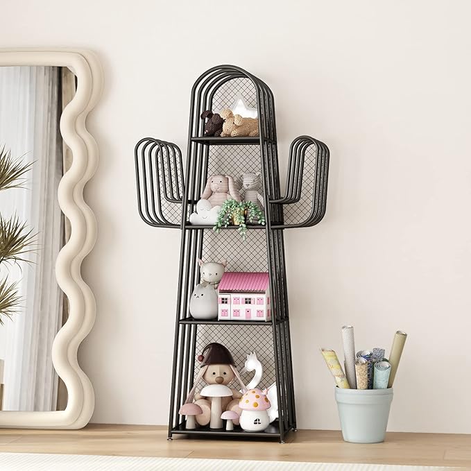 DOORXIF 4-Tier Industrial Bookshelf Freestanding, Cactus Bookcase Storage Organizer Closet Corner Metal Display Cabinet, Corner Black Bookshelf for Small Spaces, Industrial Bookcase for Bedroom Office - LeafyLoom