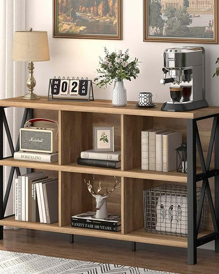 FATORRI 6 Cube Storage Organizer with Shelf, Long Wood and Metal Cubby Bookcase, Industrial Horizontal Bookshelf (Rustic Oak, 47 Inch) - LeafyLoom