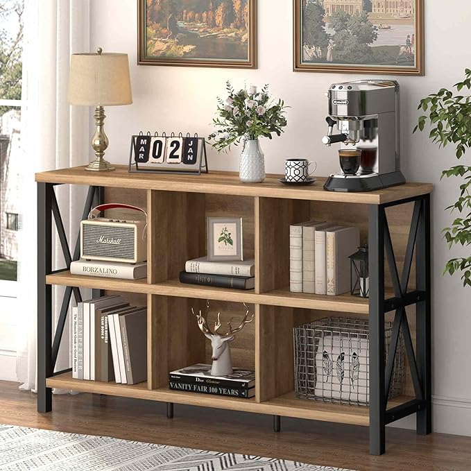 FATORRI 6 Cube Storage Organizer with Shelf, Long Wood and Metal Cubby Bookcase, Industrial Horizontal Bookshelf (Rustic Oak, 47 Inch) - LeafyLoom