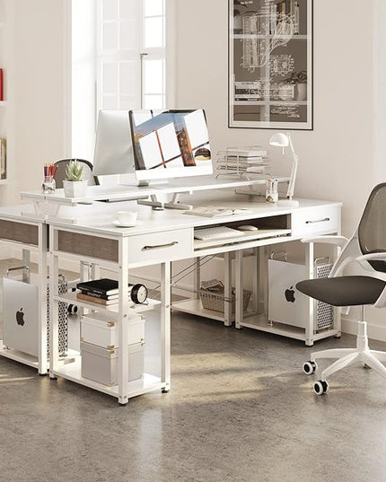 ODK Computer Desk, 55'' Office Desk with Keyboard Tray, Writting Desk with Drawers and Monitor Stand, Study Table with CPU Stand and Removable Shelf for Storage, White - LeafyLoom
