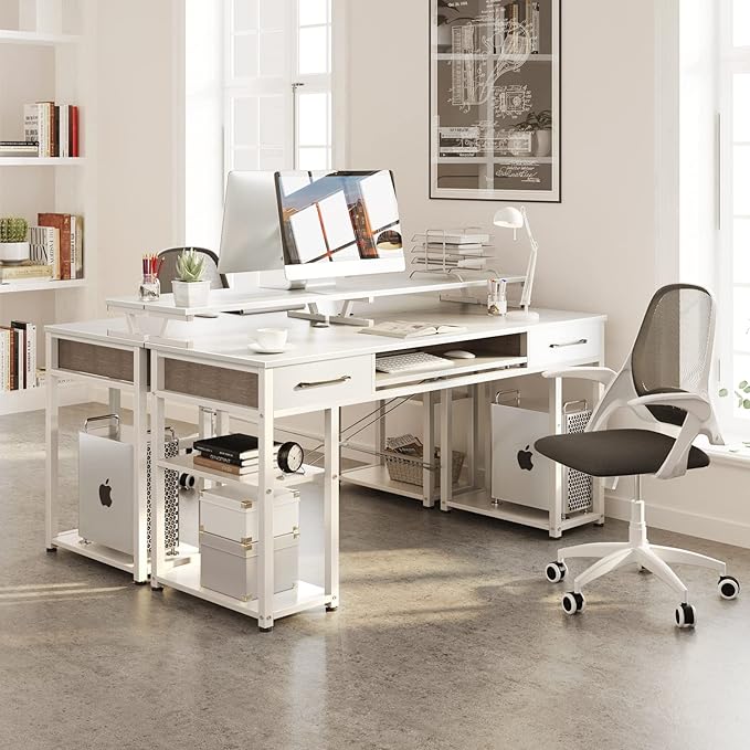 ODK Computer Desk, 55'' Office Desk with Keyboard Tray, Writting Desk with Drawers and Monitor Stand, Study Table with CPU Stand and Removable Shelf for Storage, White - LeafyLoom