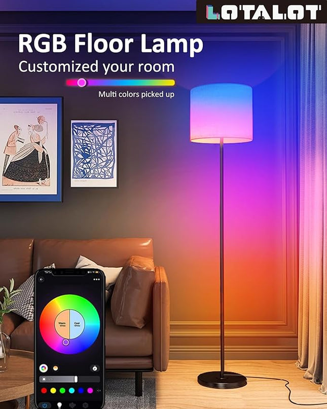 Led Floor Lamp for Living Room: Modern Standing Tall Floor Lamp for Bedroom - Smart APP Control - RGB Light 12 Colors with Decorative Lampshade - LeafyLoom