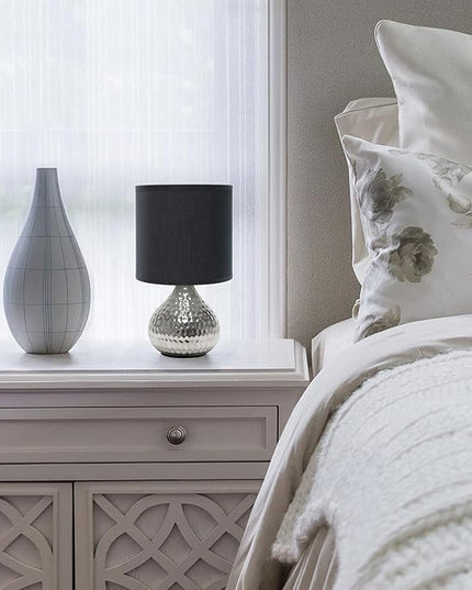 Simple Designs LT2073-SVB Mini Hammered Texture Silver Drip Table Lamp with Black Shade - LeafyLoom