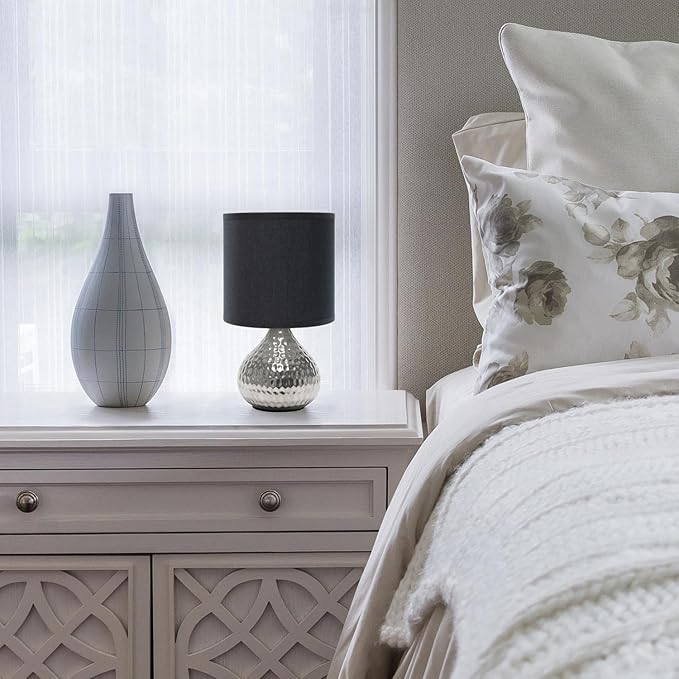 Simple Designs LT2073-SVB Mini Hammered Texture Silver Drip Table Lamp with Black Shade - LeafyLoom