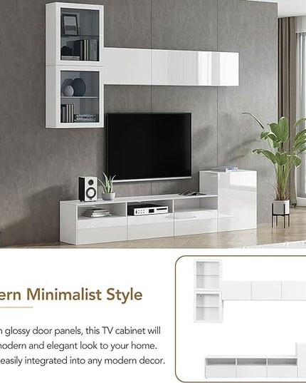 Merax High Gloss TV Stand with Wall Mounted Floating Storage Cabinets, Media Console for Television Up to 75" Versatile Entertainment Center, for Living Room, 93 inch Length, White - LeafyLoom