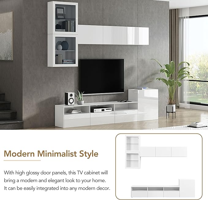 Merax High Gloss TV Stand with Wall Mounted Floating Storage Cabinets, Media Console for Television Up to 75" Versatile Entertainment Center, for Living Room, 93 inch Length, White - LeafyLoom