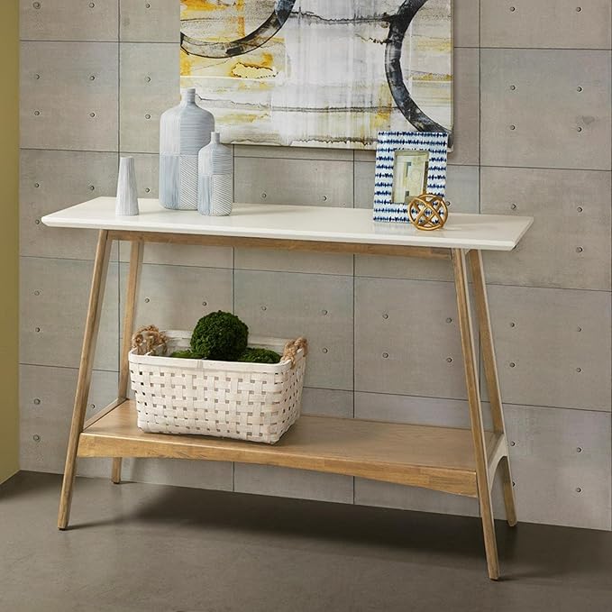 Madison Park Parker Console Table for Entryway with Solid Wood Frame, Open Storage Shelf and Off-White Top, Mid-Century Modern Accent Living Room Furniture Décor, Off-White/Natural - LeafyLoom