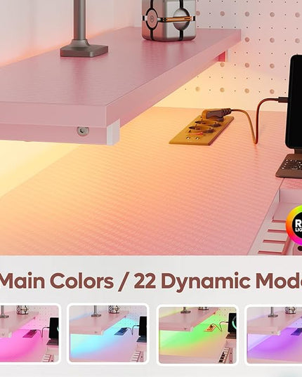 Bestier Gaming Desk with Power Outlets,42 LED Small Corner Computer Desk with Reversible Storage Shelves,L Shaped Desk with Hooks Workstation Desk for Office and Bedroom,Pink Carbon Fiber - LeafyLoom