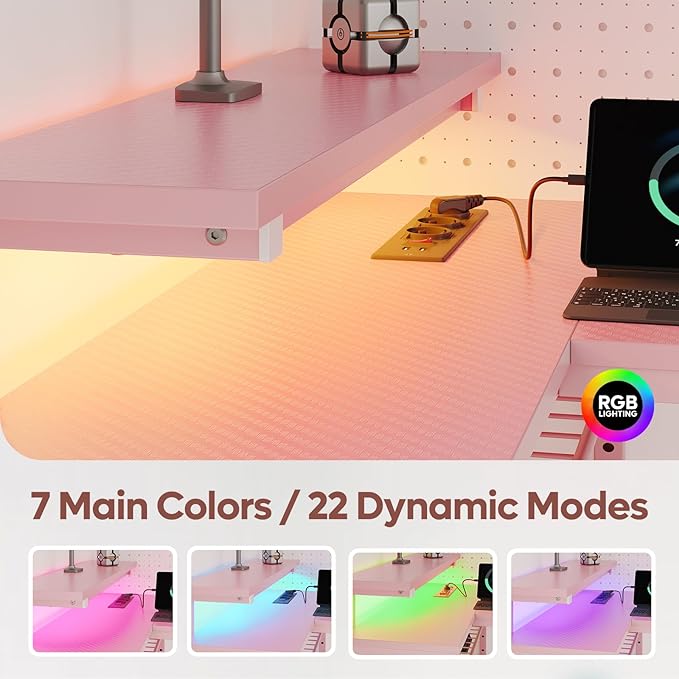 Bestier Gaming Desk with Power Outlets,42 LED Small Corner Computer Desk with Reversible Storage Shelves,L Shaped Desk with Hooks Workstation Desk for Office and Bedroom,Pink Carbon Fiber - LeafyLoom