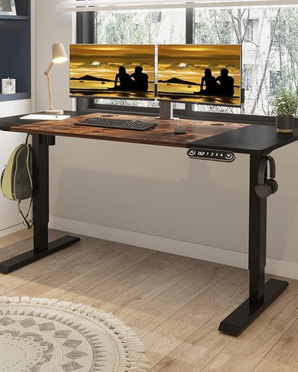 Adjustable Height Electric Standing Desk - 63 x 30 Inch Sit Stand Computer Desk with Splice Board, Stand Up Desk Table for Home Office, Black Frame/Black and Rustic Brown Top - LeafyLoom