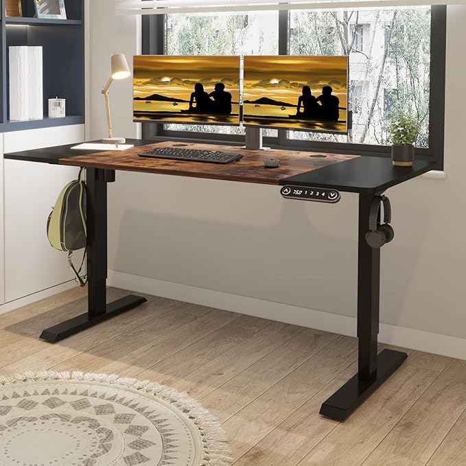 Adjustable Height Electric Standing Desk - 63 x 30 Inch Sit Stand Computer Desk with Splice Board, Stand Up Desk Table for Home Office, Black Frame/Black and Rustic Brown Top - LeafyLoom