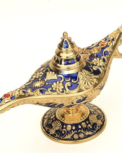 Classic Aladding Magic Genie Lamp Legend Wishing Light Costume Lamp Metal Carved Cone Incense Burner for Home Tabletop Decoration Party Birthday Halloween Christmas (Navy Blue) - LeafyLoom