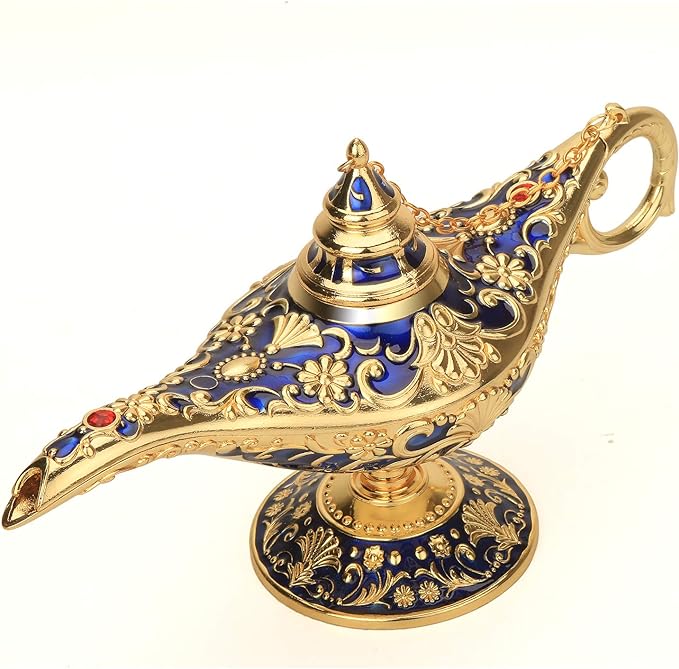Classic Aladding Magic Genie Lamp Legend Wishing Light Costume Lamp Metal Carved Cone Incense Burner for Home Tabletop Decoration Party Birthday Halloween Christmas (Navy Blue) - LeafyLoom