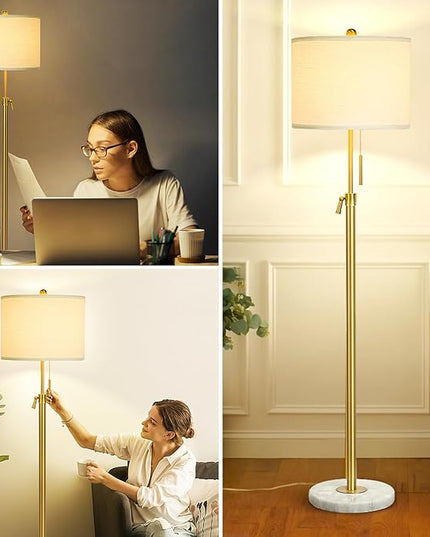 Modern Floor Lamp for Living Room, Adjustable Height Standing Lamp with Marble Base, 3-Way Dimmable Gold Brass Tall Pole Light with White Linen Shade for Reading, Bedroom, Chain Switch, Bulb Included - LeafyLoom