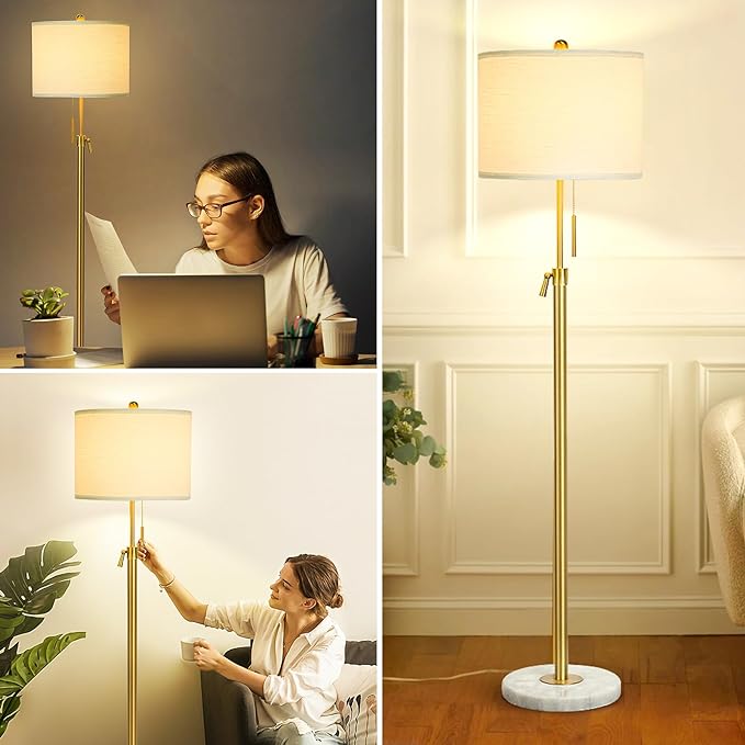 Modern Floor Lamp for Living Room, Adjustable Height Standing Lamp with Marble Base, 3-Way Dimmable Gold Brass Tall Pole Light with White Linen Shade for Reading, Bedroom, Chain Switch, Bulb Included - LeafyLoom