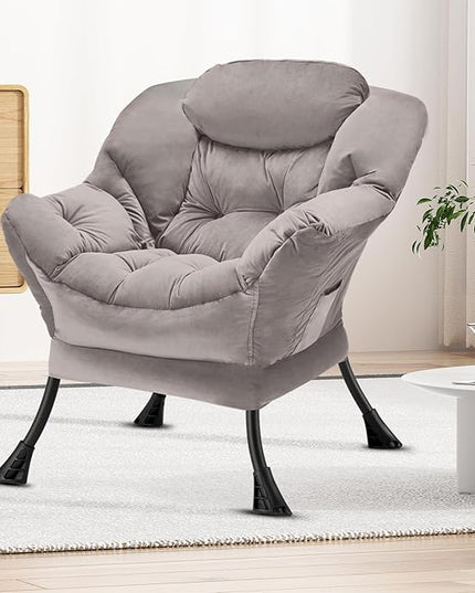 Fabric Lazy Chair Large Accent Chair,Velvet Frabic Modern Lounge Reading Chair with Armrests & Side Pocket,Upholstered Armchair for Living Room,Bedroom,Dorm,Light Grey - LeafyLoom