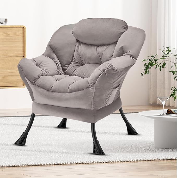 Fabric Lazy Chair Large Accent Chair,Velvet Frabic Modern Lounge Reading Chair with Armrests & Side Pocket,Upholstered Armchair for Living Room,Bedroom,Dorm,Light Grey - LeafyLoom