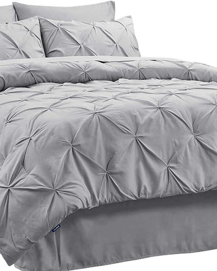 Bedsure King Size Comforter Set - Bedding Set King 7 Pieces, Pintuck Bed in a Bag Grey Bed Set with Comforter, Sheets, Pillowcases & Shams - LeafyLoom