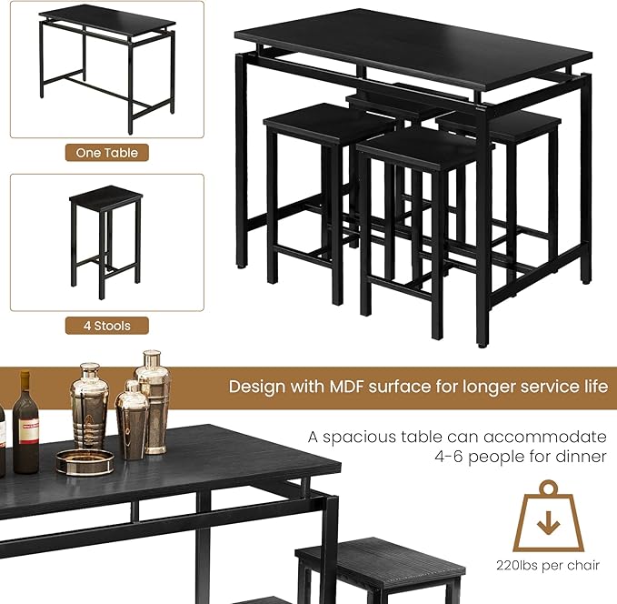 DKLGG Dinner Table Set for 4, Modern Kitchen Table and Chairs for 4 Wooden Top and Adjustable Metal Legs, Small Dining Room Table Set 5 Pieces Compact Design for Small Space - LeafyLoom