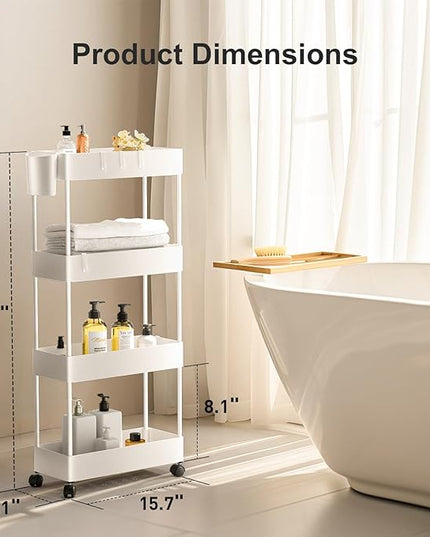 Pipishell Slim Storage Cart with Wheels, 4 Tier Bathroom Storage Organizer Rolling Utility Cart for Bathroom Kitchen Laundry Room Office Narrow Place (White) - LeafyLoom