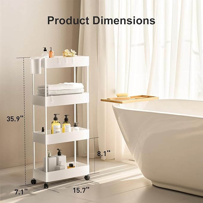 Pipishell Slim Storage Cart with Wheels, 4 Tier Bathroom Storage Organizer Rolling Utility Cart for Bathroom Kitchen Laundry Room Office Narrow Place (White) - LeafyLoom