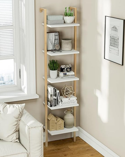 NUMENN Industrial Ladder Shelf, 5 Tier Book Shelf, Open Space Wall Mount Bookshelf with Metal Frame, Sturdy Book Shelves, Bookcase for Living Room, White and Gold - LeafyLoom