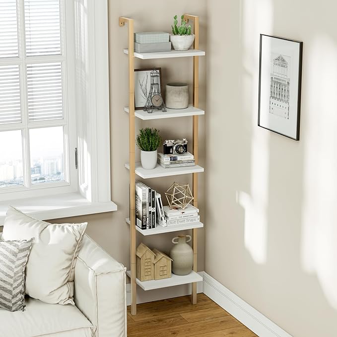 NUMENN Industrial Ladder Shelf, 5 Tier Book Shelf, Open Space Wall Mount Bookshelf with Metal Frame, Sturdy Book Shelves, Bookcase for Living Room, White and Gold - LeafyLoom