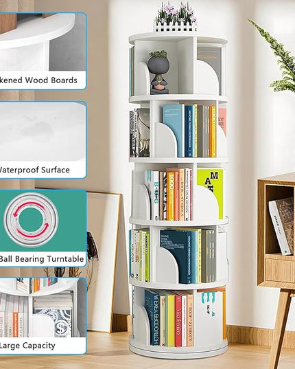 Rotating Bookshelf Tower, 360 Display 5 Tier Floor Standing Bookcase Storage Rack for Kids&Adults, Corner Bookshelf for Small Space, Book Shelf Rotating Bookcase for Bedroom, Living Room, Study - LeafyLoom