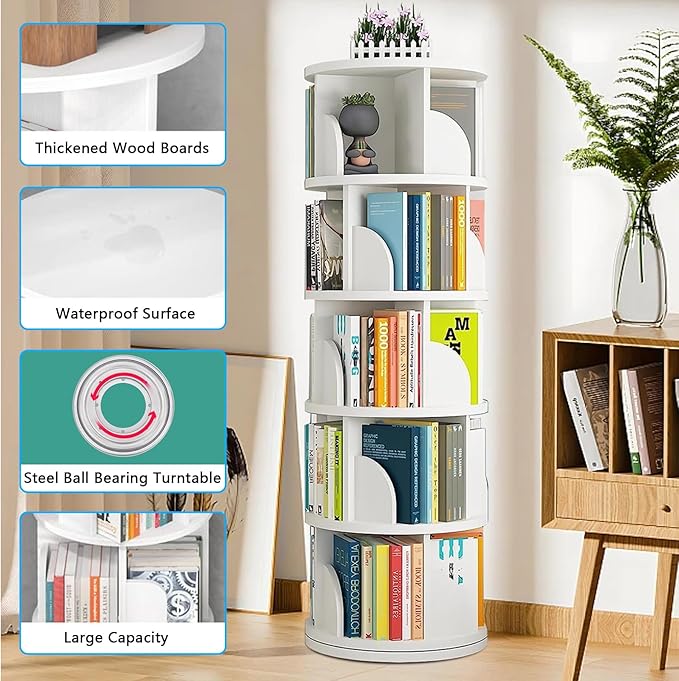 Rotating Bookshelf Tower, 360 Display 5 Tier Floor Standing Bookcase Storage Rack for Kids&Adults, Corner Bookshelf for Small Space, Book Shelf Rotating Bookcase for Bedroom, Living Room, Study - LeafyLoom