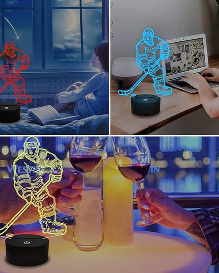 FULLOSUN 3D Night Lights Ice Hockey Athlete 3D Illusion Bedside Lamp 16 Colors Changing with Remote Control Best Birthday Gifts for Men Women - LeafyLoom