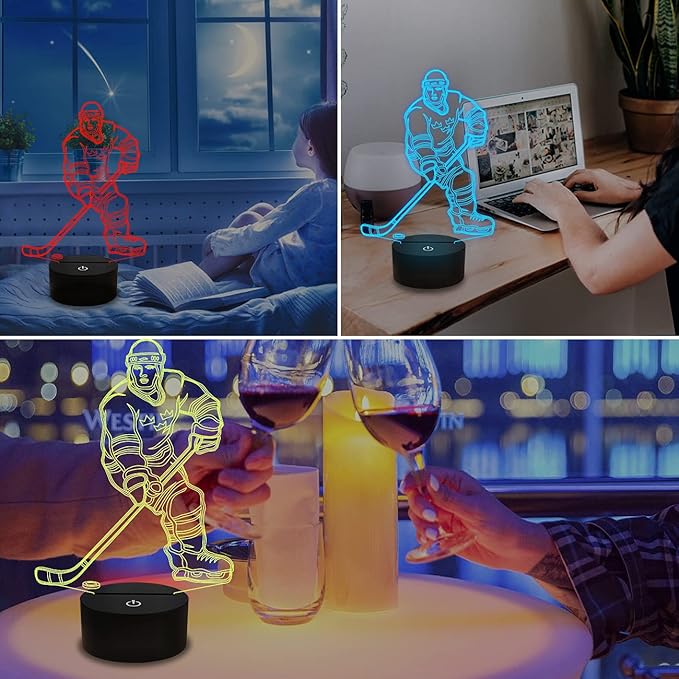 FULLOSUN 3D Night Lights Ice Hockey Athlete 3D Illusion Bedside Lamp 16 Colors Changing with Remote Control Best Birthday Gifts for Men Women - LeafyLoom