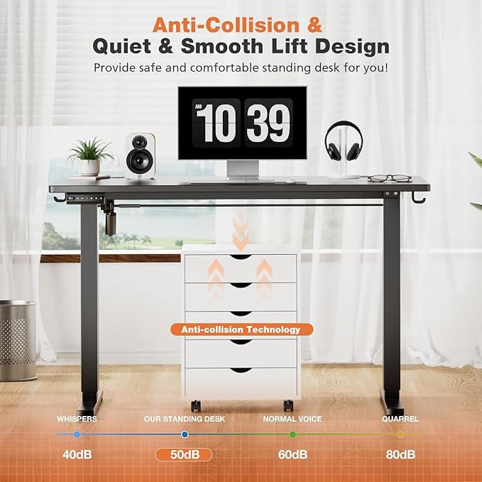 Sweetcrispy Electric Adjustable Height Standing Desk - 55 x 24 inch Sit to Stand Up Desk with Splice Board, Rising Home Office Computer Table with 2 Hook and Wire Hole for Work - LeafyLoom