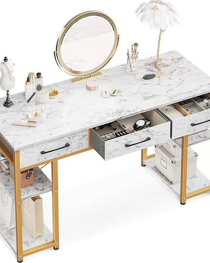 ODK Vanity Desk with Fabric Drawers & Storage Shelves, Makeup Dressing Table, Home Office Desks for Bedroom, Modern Writing Desk,White Marble and Gold Leg, 48"x16" (No Mirror) - LeafyLoom
