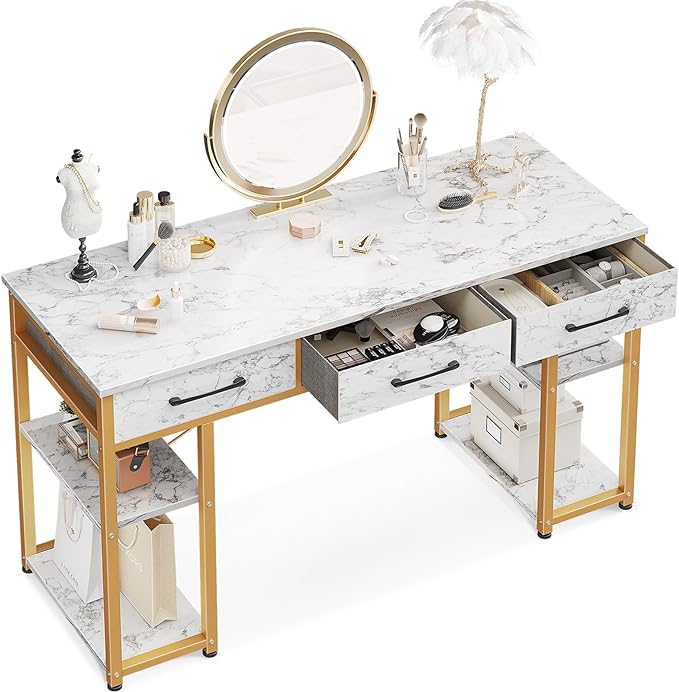 ODK Vanity Desk with Fabric Drawers & Storage Shelves, Makeup Dressing Table, Home Office Desks for Bedroom, Modern Writing Desk,White Marble and Gold Leg, 48"x16" (No Mirror) - LeafyLoom