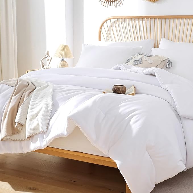 ROSGONIA King Size Comforter Set White, 3pcs(1 Boho White Comforter King & 2 Pillowcases) All Season Bedding Lightweight Hotel Bedspread Blanket - LeafyLoom