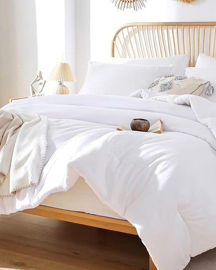 ROSGONIA White Queen Comforter Set, 3pcs(1 Boho White Comforter & 2 Pillowcases) All Season Soft Bedding Lightweight Bedspread Blanket Quilt - LeafyLoom