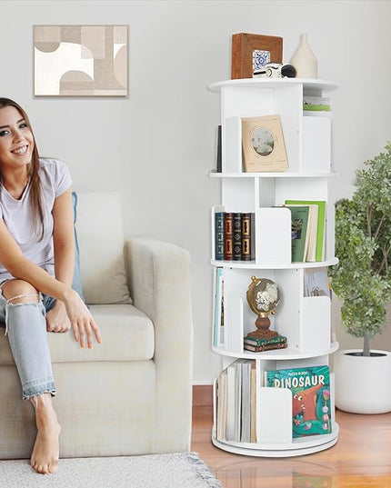 Rotating Bookshelf,Wood Corner Bookshelf 4 Tier 360 Display Spinning Bookshelf Floor Standing Bookcase Stackable Bookshelf Storage Rack Organizer for Small Space Bedroom Living Room Study Room - LeafyLoom