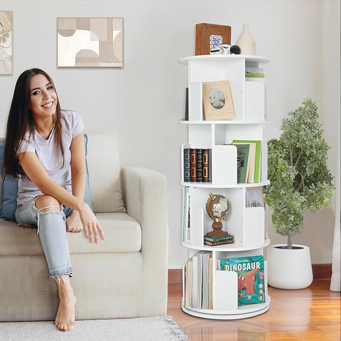 Rotating Bookshelf,Wood Corner Bookshelf 4 Tier 360 Display Spinning Bookshelf Floor Standing Bookcase Stackable Bookshelf Storage Rack Organizer for Small Space Bedroom Living Room Study Room - LeafyLoom