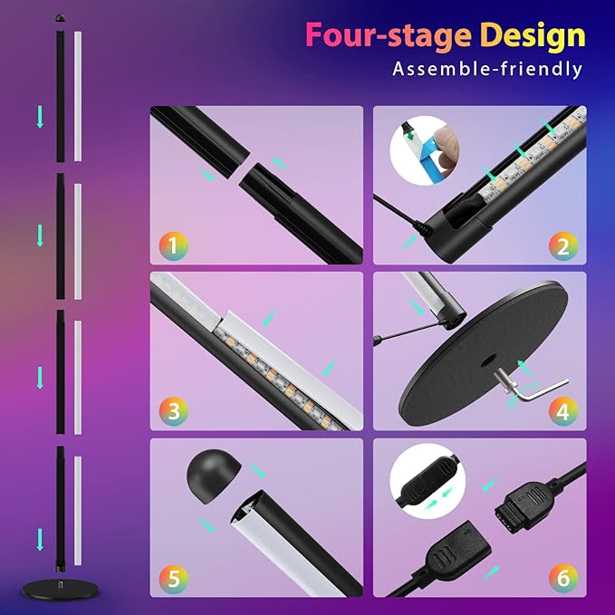TOCLL LED RGB Corner Floor Lamp 62" Corner Light Color Changing Mood Lamp Dimmable Modern Standing Lamp with Remote Control Music Sync Timing RGB Ambient Light for Living Room, Bedroom, Play Room - LeafyLoom