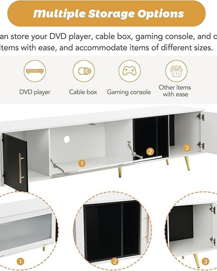Merax Stylish TV Stand with Golden Metal Handles&Legs and Removable Compartment, Two-tone Media Console for Television Up to 80", Fluted Glass Door Storage Cabinet for Living Room, 78.7" Length, White - LeafyLoom