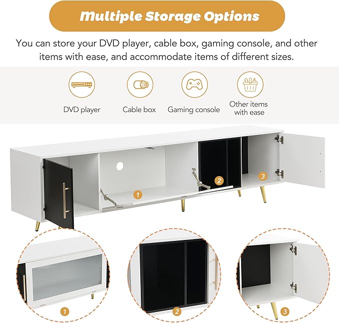 Merax Stylish TV Stand with Golden Metal Handles&Legs and Removable Compartment, Two-tone Media Console for Television Up to 80", Fluted Glass Door Storage Cabinet for Living Room, 78.7" Length, White - LeafyLoom