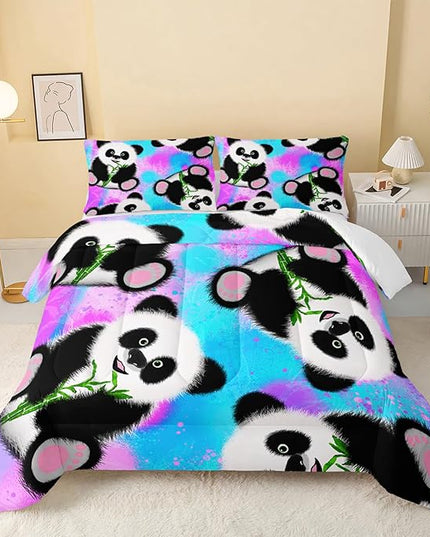 Panda Comforter Queen Size,Neon Panda Comforter Set for Kids Teens Girls Boys,3Pcs Bedding Set Printed Comforter with 2 Pillowcases,Down Alternative,Soft and Lightweight，Queen Size - LeafyLoom