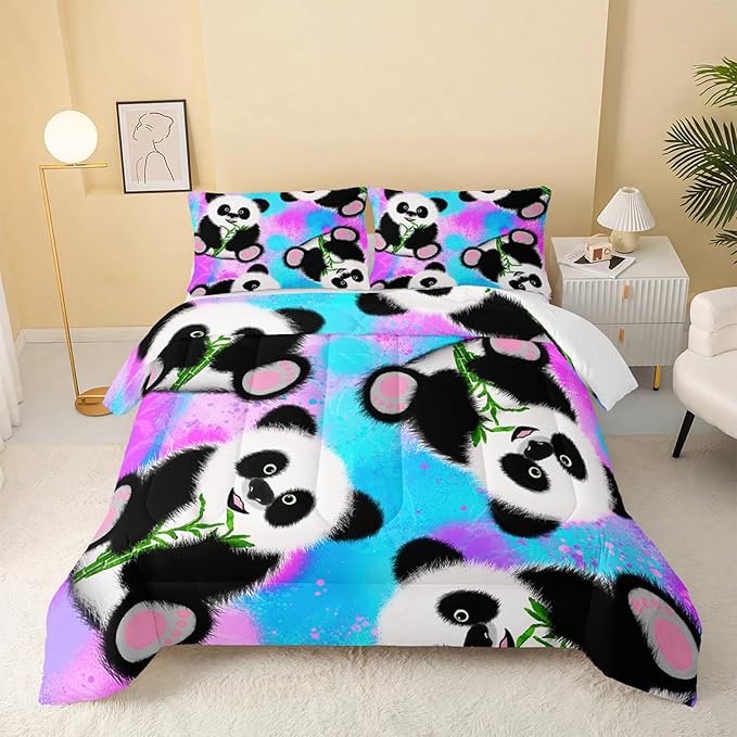 Panda Comforter Queen Size,Neon Panda Comforter Set for Kids Teens Girls Boys,3Pcs Bedding Set Printed Comforter with 2 Pillowcases,Down Alternative,Soft and Lightweight，Queen Size - LeafyLoom