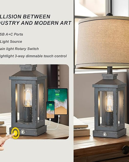 23.75" Farmhouse USB A+C Charging Ports 3-Way Dimmable Touch Control Table Lamp with Nightlight Vintage Modern Lamps for Living Room Bedroom - LeafyLoom