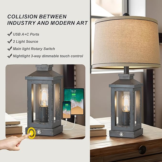 23.75" Farmhouse USB A+C Charging Ports 3-Way Dimmable Touch Control Table Lamp with Nightlight Vintage Modern Lamps for Living Room Bedroom - LeafyLoom