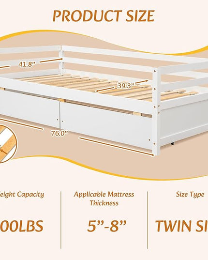 Twin Daybed with 2 Storage Drawers,Pinewood Twin Size Daybed Frame with Guardrail,for Boys/Girls/Teens Bedroom, Easy to Assemble, No Box Spring Needed,White - LeafyLoom