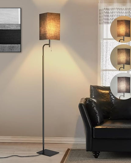 Modern Floor Lamp for Living Room, Black, 3 Color Temperatures, Linen Shade, Minimalist Design, Tall Lamp for Reading, Office, Bedroom - LeafyLoom