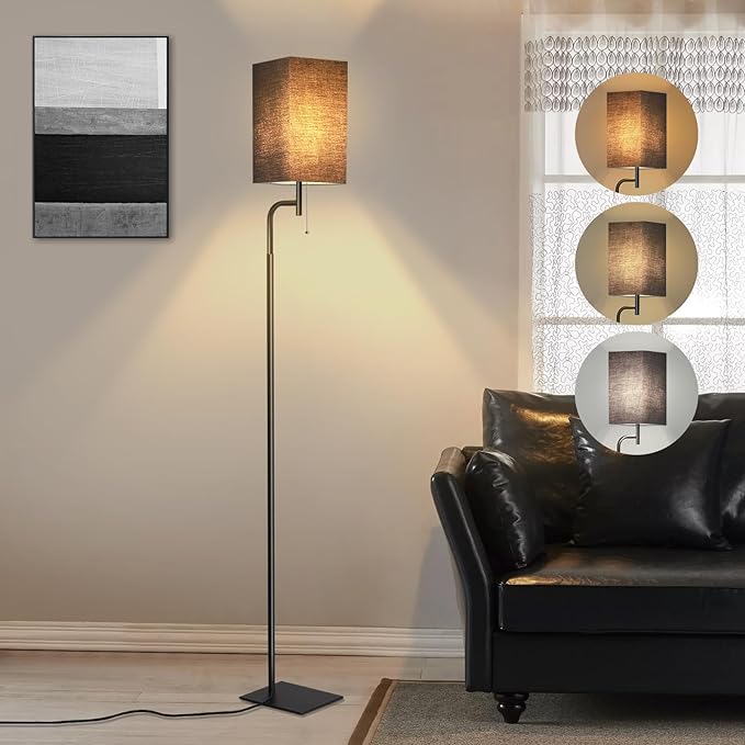 Modern Floor Lamp for Living Room, Black, 3 Color Temperatures, Linen Shade, Minimalist Design, Tall Lamp for Reading, Office, Bedroom - LeafyLoom