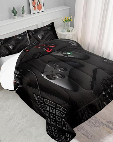 Gamer Comforter Set for Boys Teen Kids Full Size Gaming Comforter Soft Microfiber Gampad Quilt and Pillowcase Video Game Bedding Sets Room Decor (Color 1,Full) - LeafyLoom