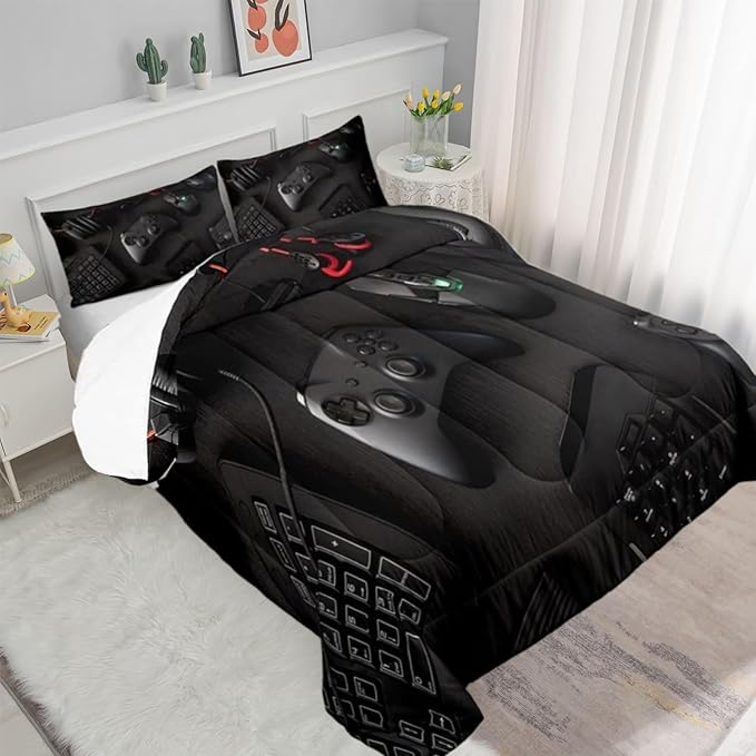 Gamer Comforter Set for Boys Teen Kids Full Size Gaming Comforter Soft Microfiber Gampad Quilt and Pillowcase Video Game Bedding Sets Room Decor (Color 1,Full) - LeafyLoom